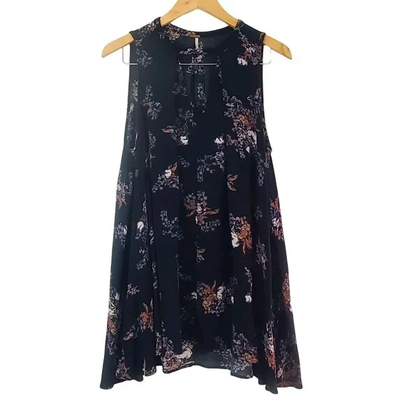 Free People Sz S Sleeveless Black Floral Swing Mini Dress Pockets Gauzy Boho - Picture 2 of 14